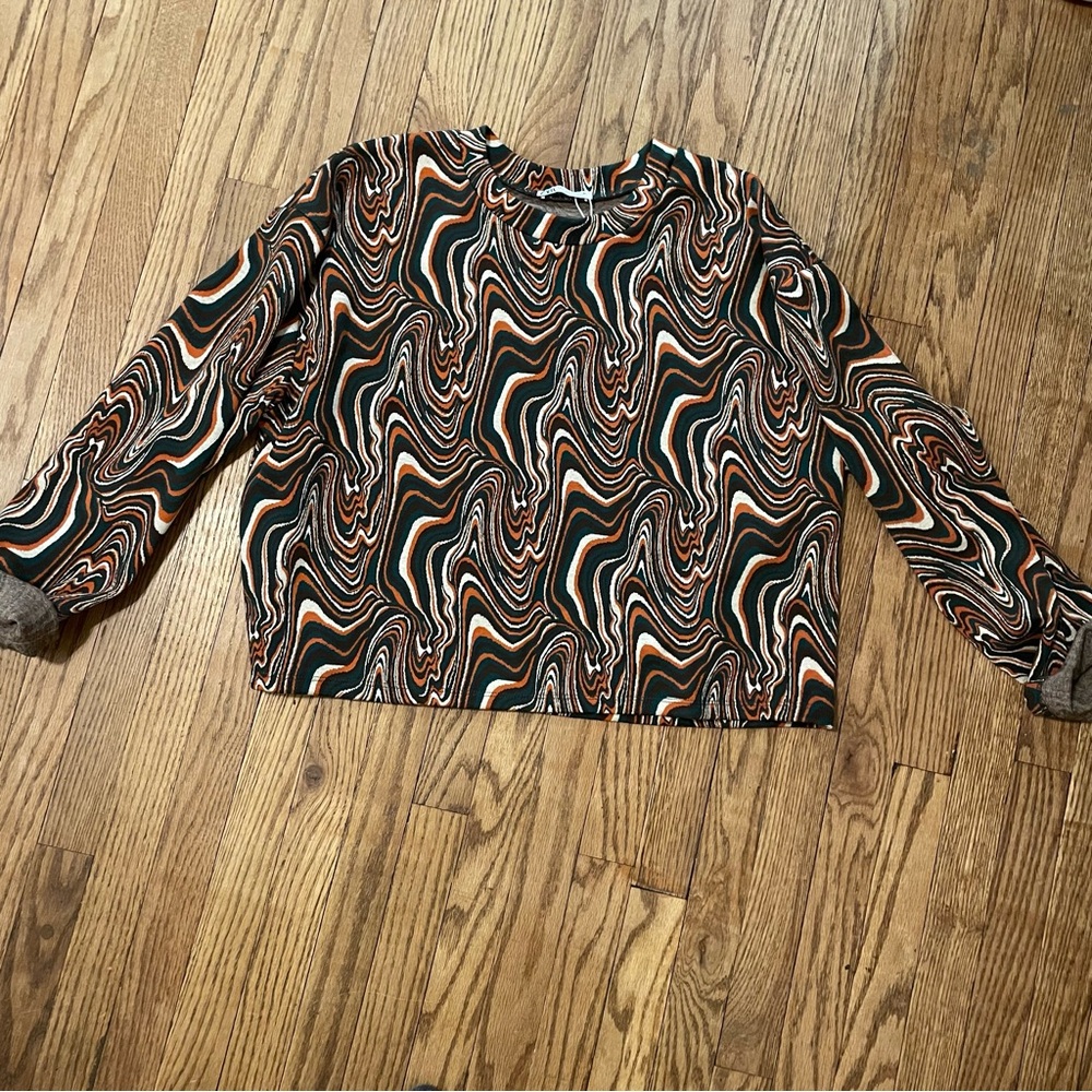 Zara Swirl Patterned Blouse in Green, Brown, Orange, and White